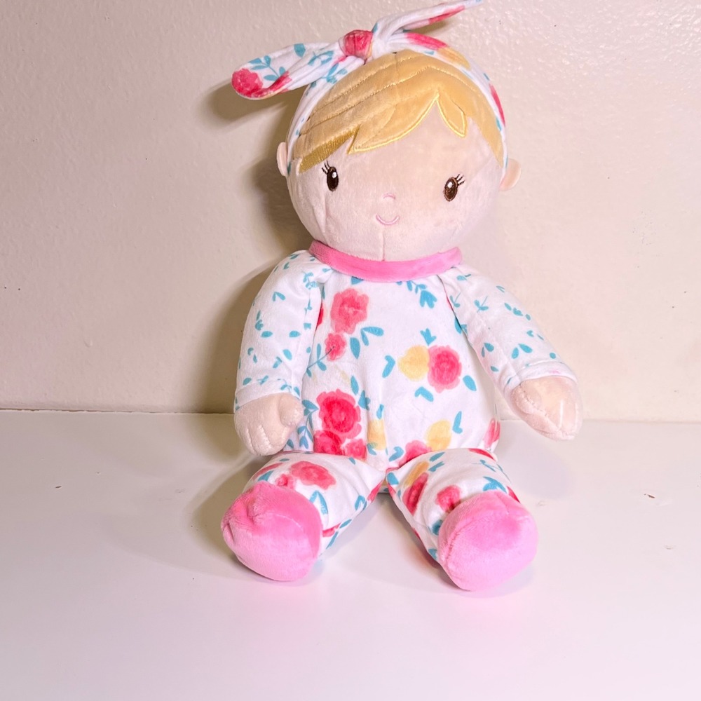 Douglas Baby 10in Plush Doll White Pink Floral Rose Blonde Hair Soft Toy